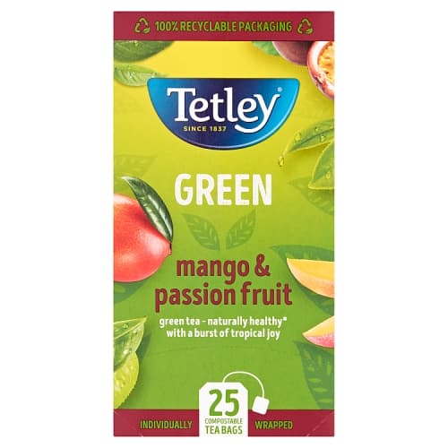 Tetley Green Mango & Passion Fruit 25 Compostable Tea Bags.