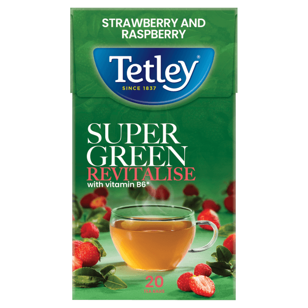 Tetley Super Green Revitalise Strawberry and Raspberry 20 Tea Bags 40g.